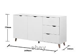 Large Sideboard Unit White 3 Drawers 2 Door Cabinet Storage Scandinavian Style