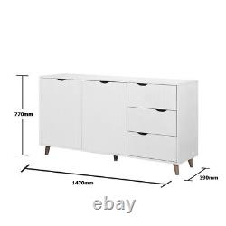 Large Sideboard Unit White 3 Drawers 2 Door Cabinet Storage Scandinavian Style