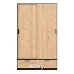 Large Tall Double Black Oak Wardrobe Sliding Doors 2 Drawers Hanging Rail Closet