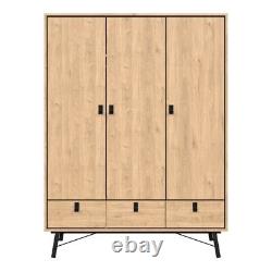 Large Tall Oak Wooden 3 Door Triple Wardrobe 3 Drawers Shelves Clothes Rail Wood
