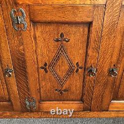 Large Vintage Carved Oak Sideboard Metal Handles Lockable Heavy Dovetail Joints
