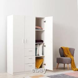 Large Wardrobe White/Black 3 Door 3 Drawer Wardrobe Bedroom Storage Unit