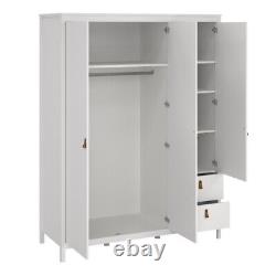 Large White 3 Door Triple Wardrobe With Mirror Shelves Clothes Rail 2 Drawers