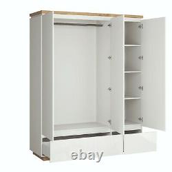 Large White Gloss Oak Effect Finish Triple Wardrobe 3 Door 2 Drawer Storage Erla