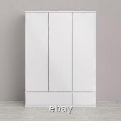 Large White High Gloss 3 Door Bedroom Wardrobe 2 Drawers Hanging Clothes Rail