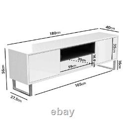 Large White High Gloss TV Unit 2 Doors Drawer Grey Shelf Shiny Legs Modern Stand
