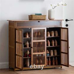 Large Wooden Shoe Storage Cabinet Rack Stand Cupboard Slatted 3 Doors Shelf Unit