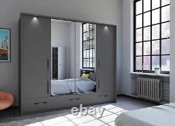 Large bedroom set MONA mirrored 256cm wardrobe chest 2 bedsides GRAPHITE MATT