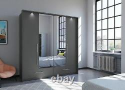 Large mirrored 210cm wardrobe MONA bi-folding 4 door 2 drawers GRAPHITE MATT