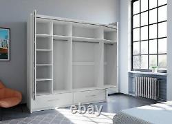 Large mirrored 210cm wardrobe MONA bi-folding 4 door 2 drawers WHITE MATT