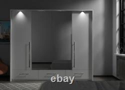 Large mirrored 256cm wardrobe MONA bi-folding 4 door 3 drawers WHITE MATT