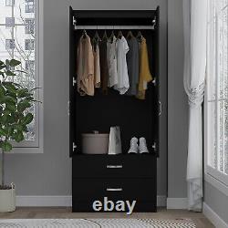 Matt Black 2 Door Wardrobe With 2 Drawers Hanging Rail Bedroom Furniture Storage