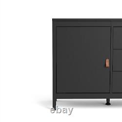 Matt Black Sideboard 2 Doors 3 Drawers Large Storage Brown Leather Tab Lille