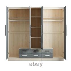 Modern 5 Door LARGE Fitment mirrored wardrobe in HIGH GLOSS GREY with 6 drawers