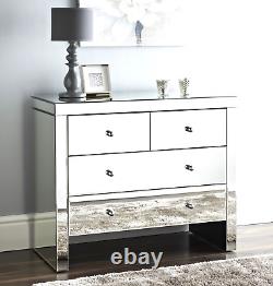 NICHES Silver Chest of Drawers 4 Large Bedside Table Bedroom Mirror Glass Modern