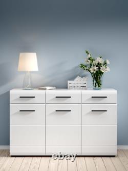 New Large Sideboard 150 cm 3 Door 3 Drawer White High Gloss Storage Fever