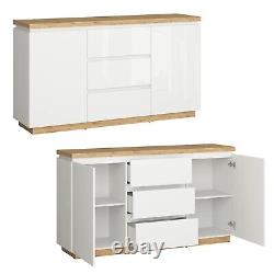 New Large Sideboard 2 Door Soft Close 3 Drawer White High Gloss Storage Erla