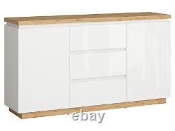 New Large Sideboard 2 Door Soft Close 3 Drawer White High Gloss Storage Erla