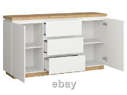 New Large Sideboard 2 Door Soft Close 3 Drawer White High Gloss Storage Erla