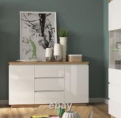 New Large Sideboard 2 Door Soft Close 3 Drawer White High Gloss Storage Erla