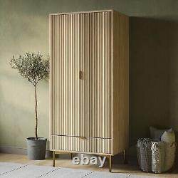 Oak and Gold Ribbed Double Wardrobe With Drawer Valencia VLC014