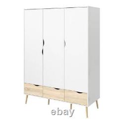 Oslo Large Wide Wardrobe 3 Doors 3 Drawers In White And Oak Finish