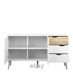 Oslo Retro Spindle Style Sideboard Large 3 Drawers 2 Doors in White and Oak