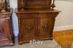 Pair Of Large Antiqe Carved Walnut Cabinets / Cupboards C. 1890