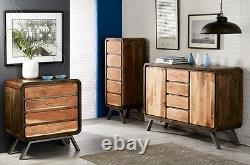 Retro Solid Acacia Wood & Metal Legs 4 Drawers and 2 Side Doors Large Sideboard