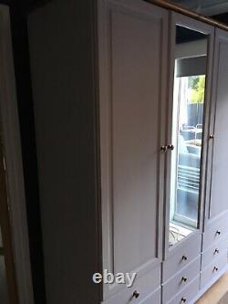 Solid Pine Grey Painted Large Triple Door, Nine Drawer Wardrobe with Mirror