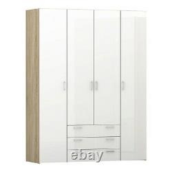 Space Large Wide Modern Wardrobe Unit 4 Doors 3 Drawers Oak & White High Gloss