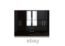 Stylish Modern 6 Door Mirrored LARGE Wardrobe, High Gloss BLACK, 3 Drawers