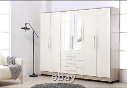Stylish Modern 6 Door Mirrored LARGE Wardrobe, High Gloss WHITE, 3 Drawers