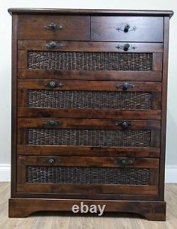 TALLBOY CHEST OF DRAWERS Dark Wood And Rattan 2 Small 4 Large Drawers Storage