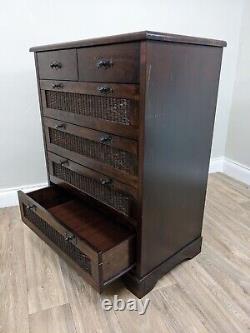 TALLBOY CHEST OF DRAWERS Dark Wood And Rattan 2 Small 4 Large Drawers Storage