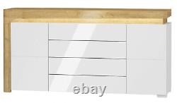 Theo Oak and White Gloss 2 Door 4 Drawer Large Modern Sideboard Unit With Lights