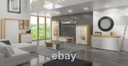Theo Oak and White Gloss 3 Door Large Modern Sideboard Unit With Lights