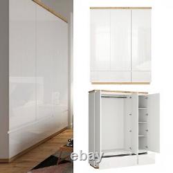 Triple Storage Wardrobe Large 163cm 3 Door 2 Drawer White Gloss Oak Effect Erla