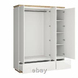 Triple Storage Wardrobe Large 163cm 3 Door 2 Drawer White Gloss Oak Effect Erla