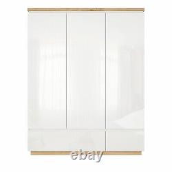 Triple Storage Wardrobe Large 163cm 3 Door 2 Drawer White Gloss Oak Effect Erla