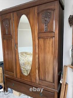 Vintage Double Wardrobe with Mirrored Door and Drawer Large Victorian Edwardian