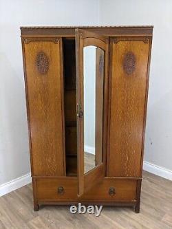 WARDROBE Tall Single Mirrored Door Carved Oak Hanging Rails Large Bottom Drawer