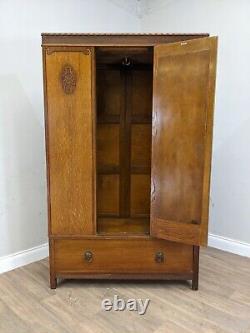 WARDROBE Tall Single Mirrored Door Carved Oak Hanging Rails Large Bottom Drawer