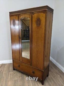 WARDROBE Tall Single Mirrored Door Carved Oak Hanging Rails Large Bottom Drawer