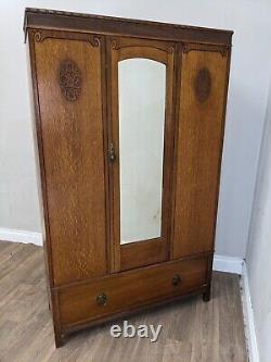 WARDROBE Tall Single Mirrored Door Carved Oak Hanging Rails Large Bottom Drawer