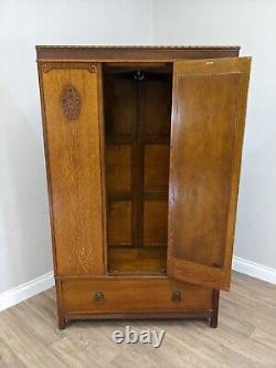 WARDROBE Tall Single Mirrored Door Carved Oak Hanging Rails Large Bottom Drawer