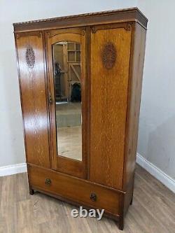 WARDROBE Tall Single Mirrored Door Carved Oak Hanging Rails Large Bottom Drawer