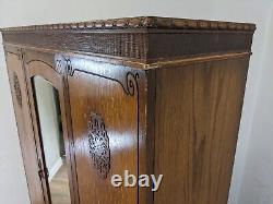 WARDROBE Tall Single Mirrored Door Carved Oak Hanging Rails Large Bottom Drawer