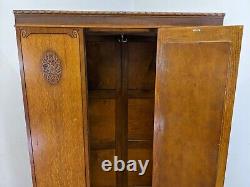 WARDROBE Tall Single Mirrored Door Carved Oak Hanging Rails Large Bottom Drawer