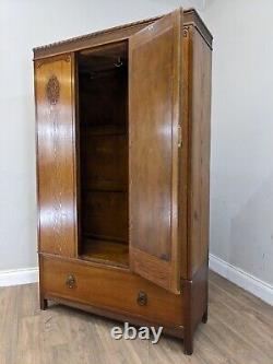 WARDROBE Tall Single Mirrored Door Carved Oak Hanging Rails Large Bottom Drawer